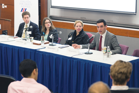 (L-R) Gregory Lipper of Americans United for Separation of Church and State moderated a panel on the legal and constitutional aspects of religious liberty with Heather Weaver of the ACLU Program on Freedom of Religion, Edwina Rogers of the Secular Coalition for America and Michael De Dora of the Center for Inquiry.