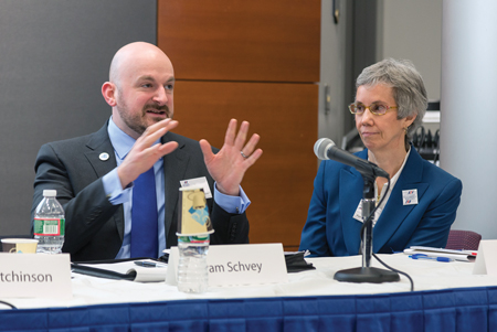 Lois Backus of Medical Students for Choice listens to Aram Schvey of the Center for Reproductive Rights speak about reproductive health. 