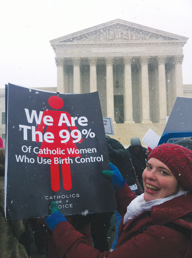 Katie Breslin, domestic program associate at Catholics for Choice, led the prochoice Catholic presence outside the Supreme Court on the opening arguments of the Hobby Lobby case.